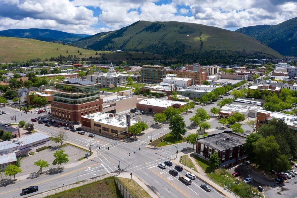 Aerial views of downtown Missoula, Montana